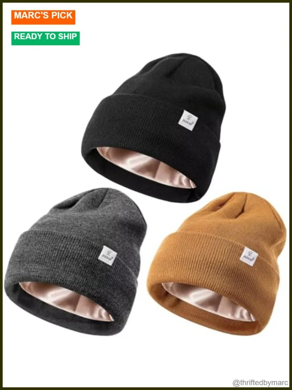 3 Pack Satin Lined Winter Beanie Hats Knit Warm Cuffed Unisex